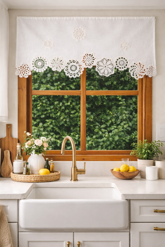 Crochet Lace Cafe Curtain – Cottagcore Kitchen Window Valance "Flower Garden" Lace