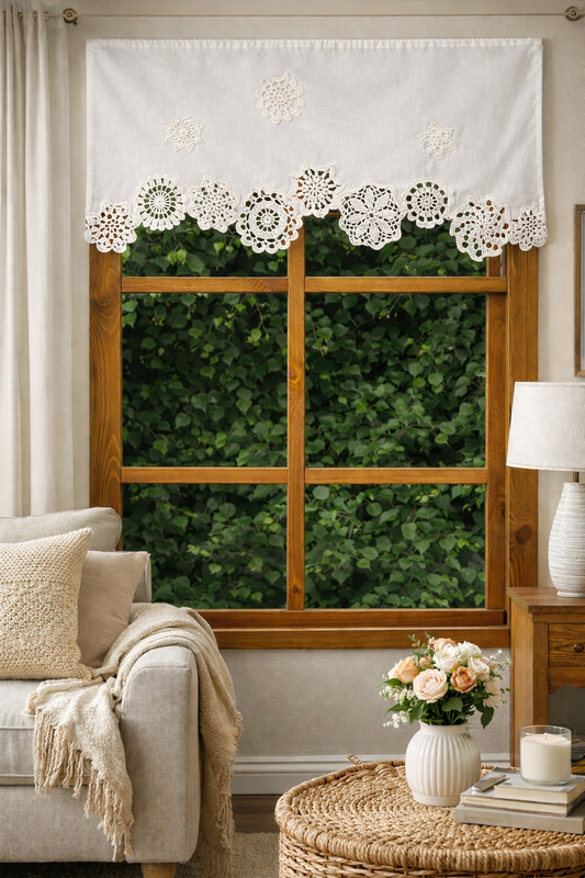 Natural Linen Crochet Doilies Curtain - Flower Garden Lace Curtain