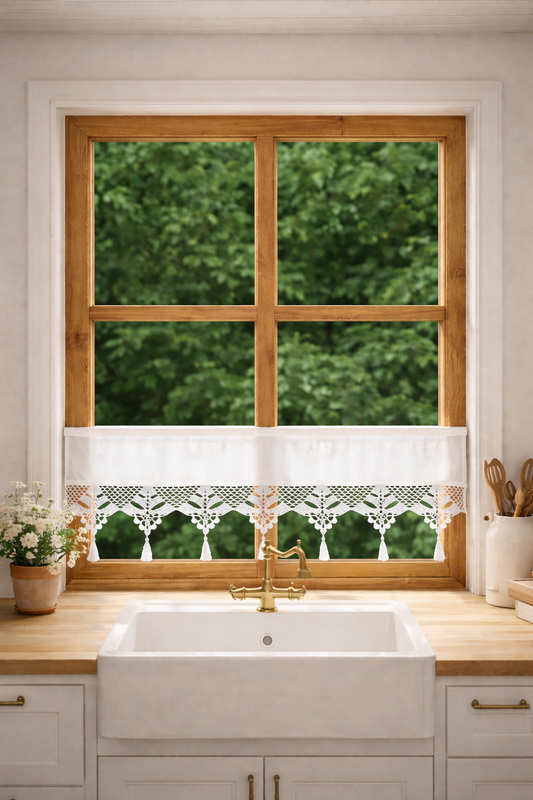 Crochet Lace Cafe Curtain – Cottagcore Kitchen Window Valance "Magnolia" Lace with Tassels