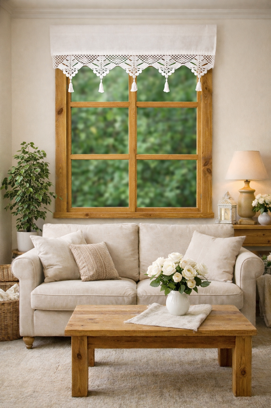 Natural Linen Crochet Curtain - Linen Magnolia Lace with Tassels