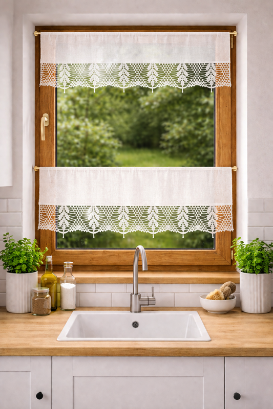 Linen Crochet Lace Cafe Curtain - Farmhouse Kitchen Window Valance “Fern Garden”