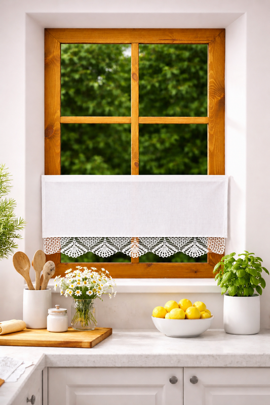 Crochet Lace Cafe Curtain – Cottagcore Kitchen Window Valance with "Tulip Garden" Lace