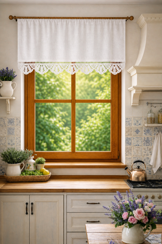 Linen Crochet Lace Cafe Curtain – Farmhouse Kitchen Window Valance “Provence Fan” Lace
