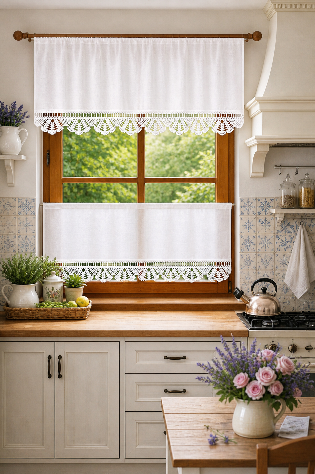 Linen Crochet Lace Cafe Curtain – Farmhouse Kitchen Window Valance “Provence Fan” Lace