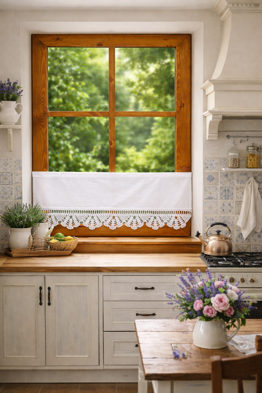 Crochet Lace Cafe Curtain – Cottagcore Kitchen Window Valance "Provence Fan" Lace