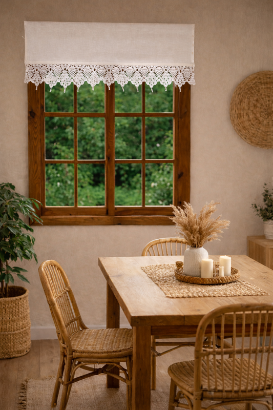 Crochet Lace Cafe Curtain – Cottagecore Kitchen Window Valance "Pineapple" Lace with Wooden Beads