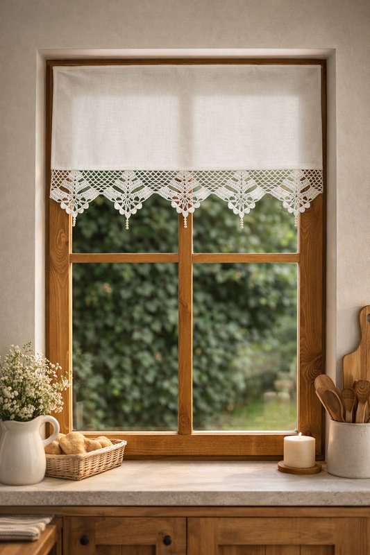 Handmade Cotton Crochet Curtain - Magnolia Lace with Wooden Beads