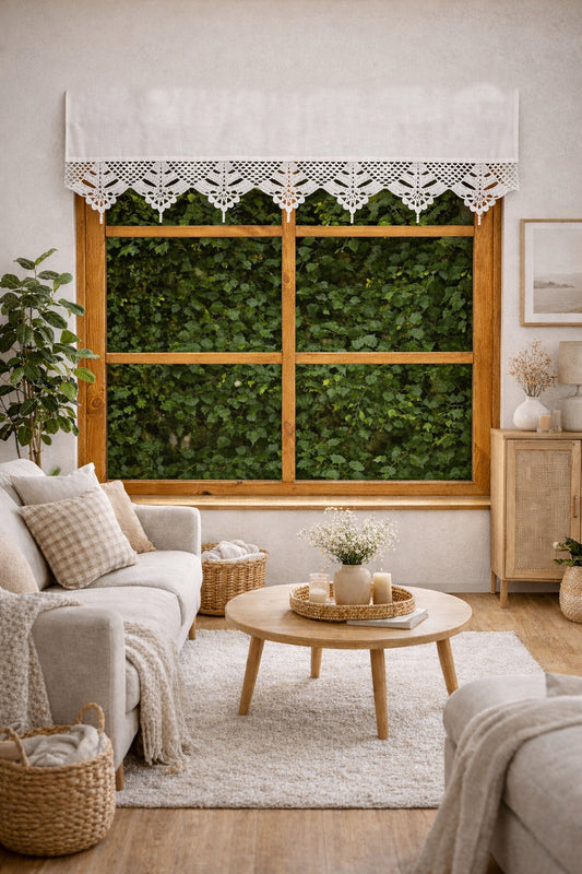 Natural Linen Crochet Curtain - Linen Magnolia Lace with Wooden Beads