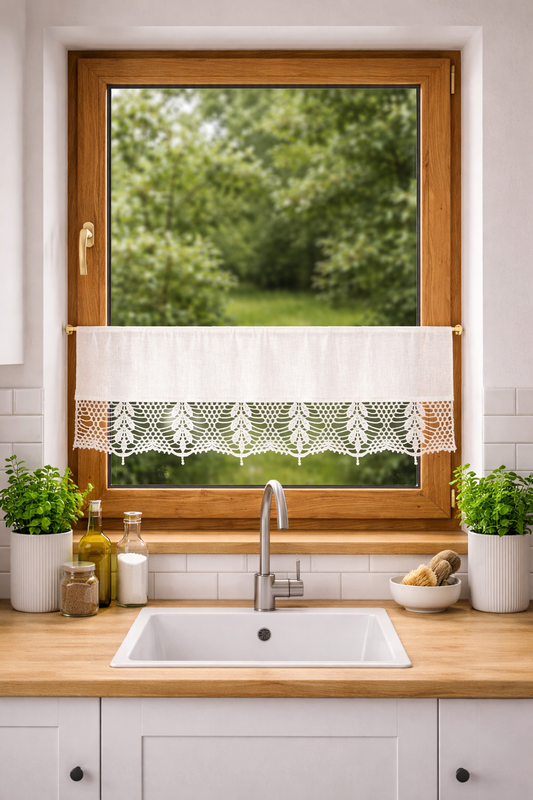 Crochet Lace Cafe Curtain – Cottagecore Kitchen Window Valance “Garden Fern” Lace