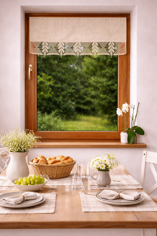 Natural Linen Farmhouse Cafe Curtain - "Fern Garden" Lace Short Curtain