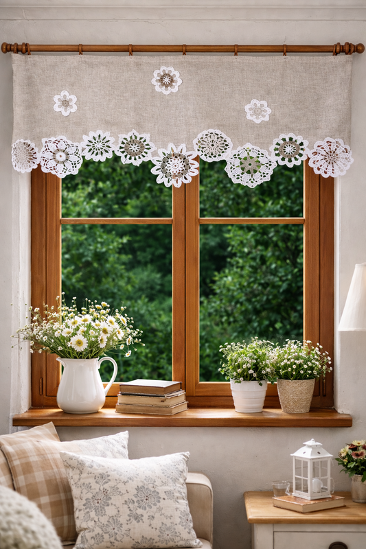 Natural Linen Crochet Doilies Curtain - Flower Garden Lace Curtain