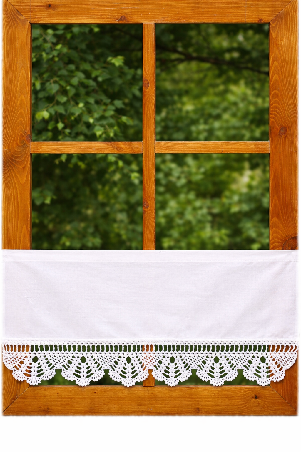 Linen Crochet Lace Cafe Curtain – Farmhouse Kitchen Window Valance “Provence Fan” Lace