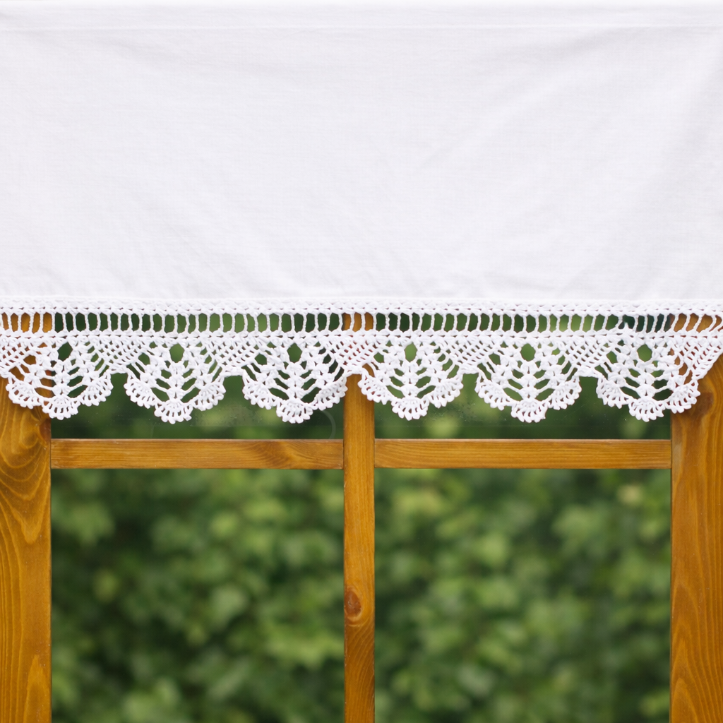 Linen Crochet Lace Cafe Curtain – Farmhouse Kitchen Window Valance “Provence Fan” Lace