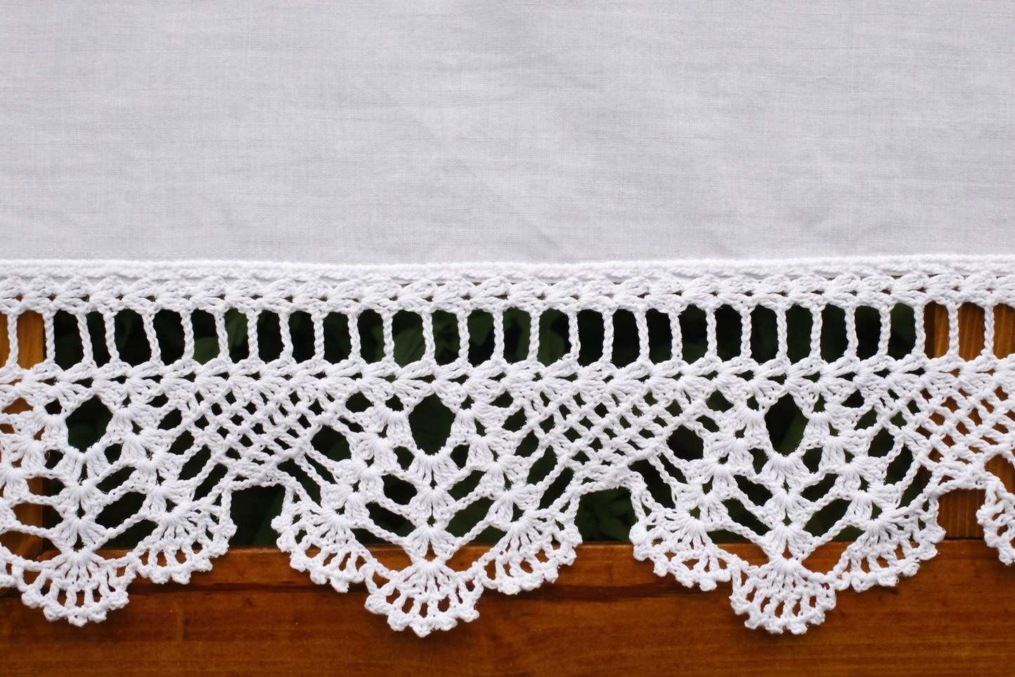 Linen Crochet Lace Cafe Curtain – Farmhouse Kitchen Window Valance “Provence Fan” Lace